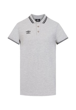 Polo gris clair à manches courtes avec logo parapluie noir sur la poitrine, deux boutons, col et bords des manches rayés noirs.