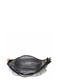 Zwarte handtas met een grijs patroon interieur. Bevat een hoofdcompartiment met rits, een zijzak en accenten in goudkleurig metaal.