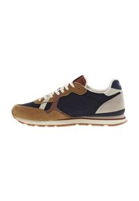Men's sneakers featuring a navy fabric upper, brown suede accents, cream laces, white midsole, and a textured gum outsole.