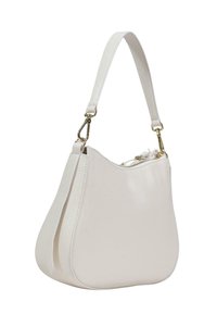 Cremefarvet læderhåndtaske med buet bund, aftagelig rem, guldfarvet beslag og lynlås i toppen.