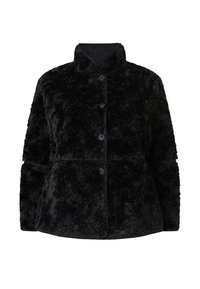 Sort faux fur jakke med krave, knaplukning og tekstureret overflade. Har en skræddersyet pasform og sidelommer.
