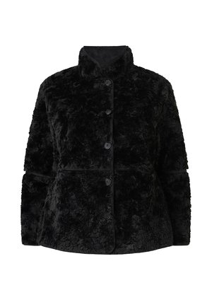 Schwarze Kunstfelljacke mit Kragen, Knopfverschluss und strukturiertem Oberflächen. Verfügt über einen taillierten Schnitt und Seitentaschen.
