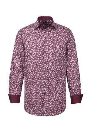 Langärmliges Hemd in dunklem Burgunderrot mit einem Blumenmuster in Rosa und Weiß. Verfügt über einen klassischen Kragen und kontrastierende Manschetten. Stoff aus Baumwollmischung.