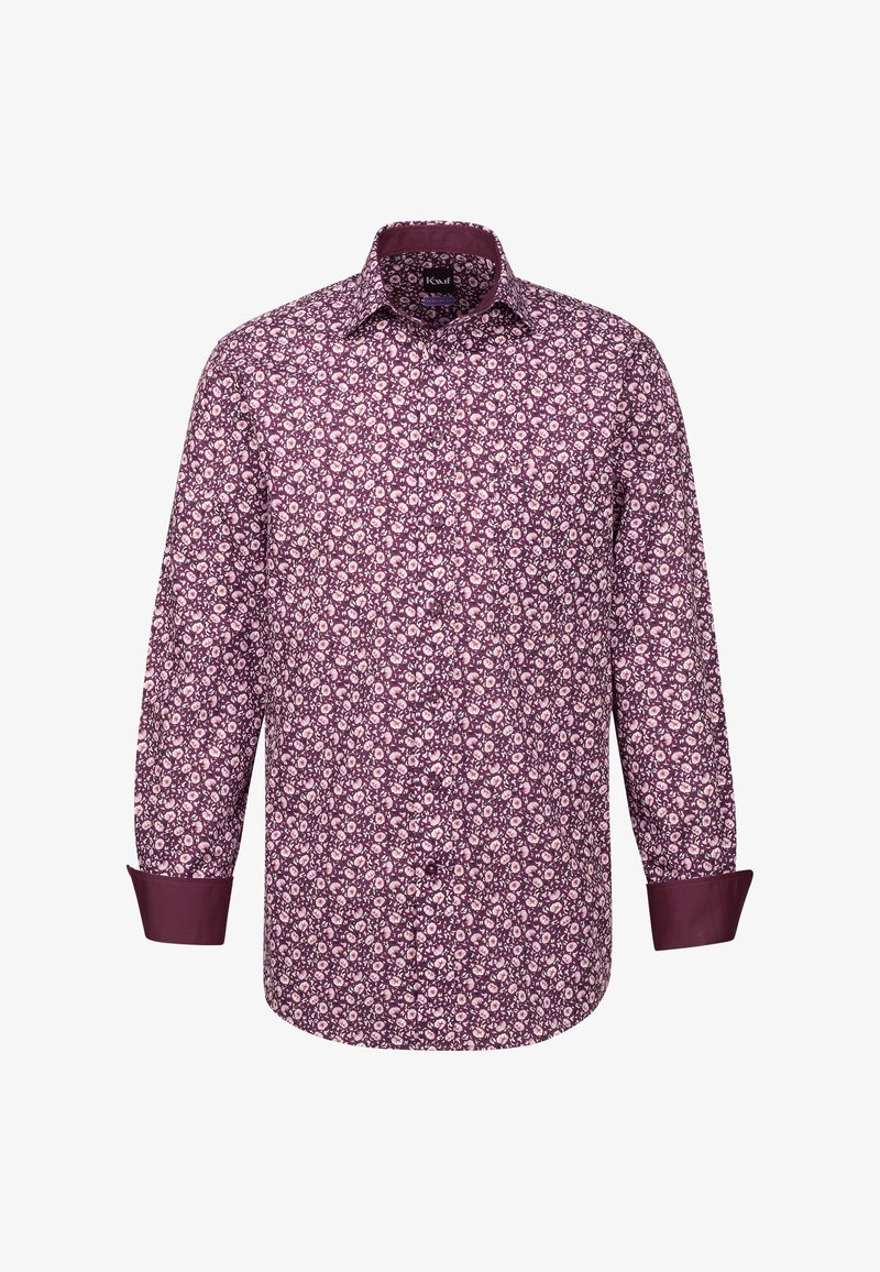 Camicia a maniche lunghe in un profondo bordeaux con un motivo floreale in rosa e bianco. Presenta un colletto classico e polsini a contrasto. Tessuto in misto cotone.