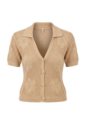 Cárdigan beige de punto con mangas cortas, cuello, apertura con botones, patrones florales texturizados y bajo y puños de manga acanalados.