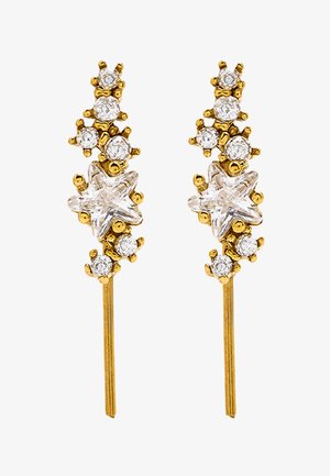 Złote kolczyki z przezroczystymi kryształami w kształcie gwiazdy i okrągłymi, ułożonymi pionowo na cienkim złotym pręciku.