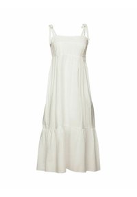 Robe midi blanche sans manches avec corsage brodé, bretelles à nouer et jupe à volants froncés.