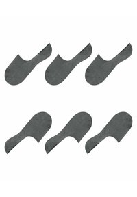 Zes paren lage, donkergrijze sokken gemaakt van zacht materiaal met een gladde textuur en elastische openingen. Elke sok heeft een afgeronde teen.