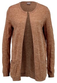 Brązowy sweter na drutach z zaokrąglonym dekoltem, otwartym przodem i dwoma przednimi kieszeniami. Faktura jest miękka i lekko melanżowa.