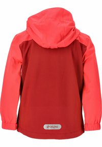 Rote und rosa Kapuzenjacke mit langen Ärmeln, elastischen Bündchen, glatter Textur und einem markierten silbernen Akzent am unteren Ende.