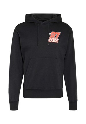 Zwarte pullover hoodie met voorzak, trekkoordsluiting in de capuchon en rood beeldmerk "#27 HLKNBRG" op de linkerborst.
