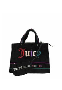 Borsa tote in suede nera con il colorato logo "Juicy", chiusura a zip, manici doppi e una piccola pochette abbinata. Presenta strisce colorate e minuteria in argento.