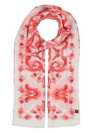 Weißer Schal mit filigranen roten Blumen- und Ornamentmustern, oben locker geschlungen, mit einem kleinen schwarzen Markenschild am unteren Rand.