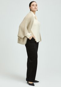 Beiger gestrickter Cardigan über einem hellen cremefarbenen Hemd mit Knöpfen; kombiniert mit schwarzer karierten Hose und schwarzen spitzen Pumps.