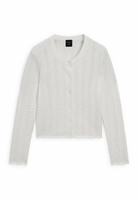 Valkoinen, pitkähiha cardigan, joka on valmistettu aaltoilevasta neuleesta. Siinä on pyöreä pääntie ja viisi nappia edessä.