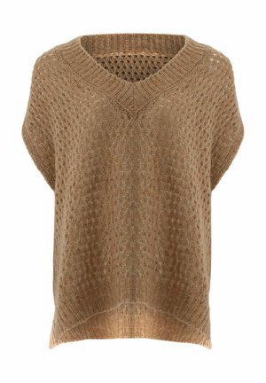 Hellbrauner, gestrickter Pullover mit V-Ausschnitt, der ein offenes Muster und einen lockeren Schnitt aufweist. Strukturierter Stoff mit geripptem Halsausschnitt und Abschlüssen.
