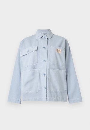 Light blue button-up jacket with four front pockets, one chest pocket has a small rectangular patch label.