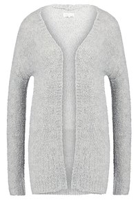 Cardigan grigio chiaro a maniche lunghe realizzato in tessuto morbido e testurizzato, con apertura frontale e senza chiusure. Presenta un fit rilassato e polsini a coste.
