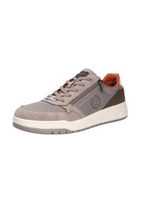 Grauer Sportschuh mit einem Obermaterial aus Mesh, Wildlederakzenten und einer strukturierten Gummisohle; enthält Schnür- und Reißverschluss-Schließungen.