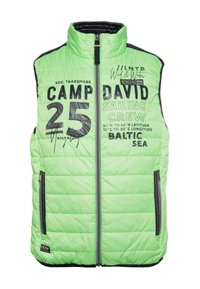 Neonowozielona bezrękawnikowa kamizelka puchowa z czarnym zamkiem i wykończeniem kieszeni. Posiada nadrukowany tekst i grafikę, obrysowane kontrastowymi kolorami.