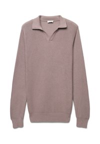Helle lila gestrickte Sweater mit einem kragenlosen V-Ausschnitt, langen Ärmeln und gerippten Bündchen. Strukturierter Stoff mit lockerer Passform und ohne Muster.