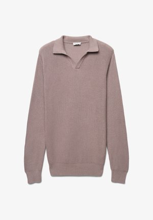 Maglione a maglia di un leggero colore malva, con colletto a V, maniche lunghe e polsini a coste. Tessuto testurizzato con una vestibilità morbida e senza motivi.