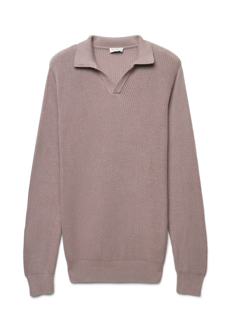Helle lila gestrickte Sweater mit einem kragenlosen V-Ausschnitt, langen Ärmeln und gerippten Bündchen. Strukturierter Stoff mit lockerer Passform und ohne Muster.