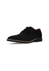 Schwarze Schnürhalbschuhe aus atmungsaktivem Mesh-Obermaterial, mit glatten Wildlederakzenten, spitz zulaufender Zehenpartie und strukturiertem Gummisohle, mit braunen Lederbesätzen.