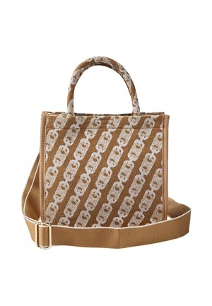 Sac cabas en tissu marron avec motif chaîne beige en diagonale, poignées courtes et bandoulière réglable avec boucle métallique.