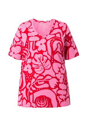 T-shirt med korte ærmer og V-hals med dristigt pink og rødt blomster- og abstrakt bladmønster på en tætsiddende pasform.