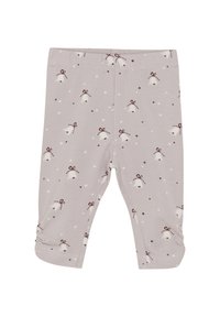 Grå leggings med en mjuk textur, prydda med ett mönster av vita klockor med vinröda rosetter och små vita stjärnor; elastisk midja.