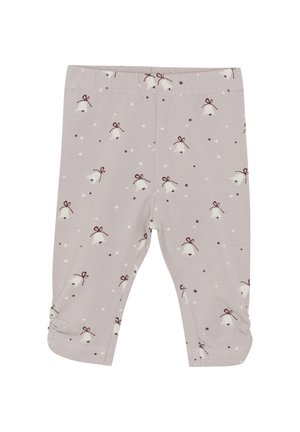 Graue Leggings mit einer weichen Textur, versehen mit einem Muster aus weißen Glocken mit burgunderfarbenen Schleifen und kleinen weißen Sternen; elastischer Bund.