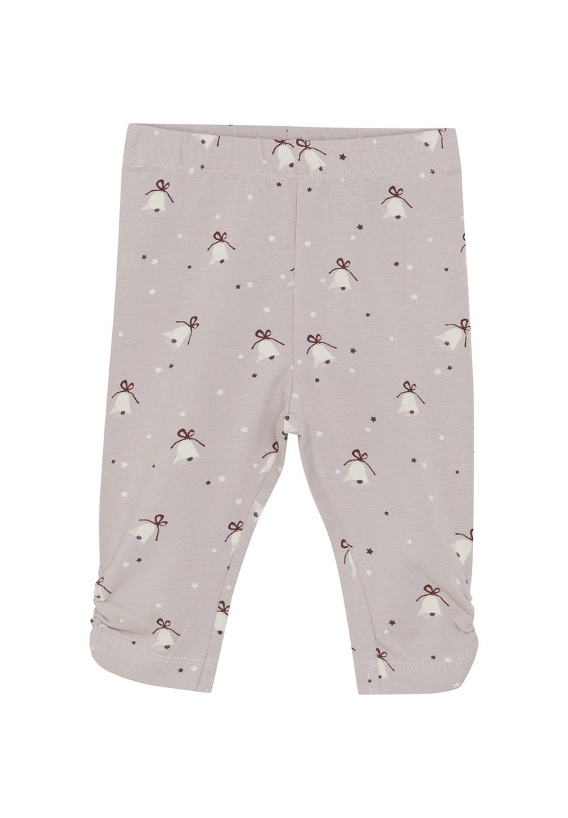 Grå leggings med en mjuk textur, prydda med ett mönster av vita klockor med vinröda rosetter och små vita stjärnor; elastisk midja.