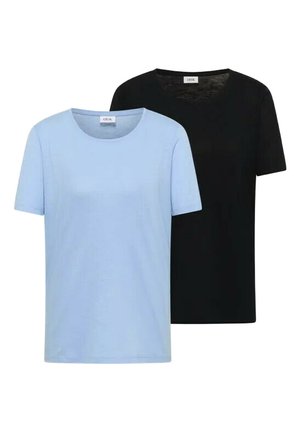 Deux t-shirts à manches courtes et col rond, un bleu clair devant et un noir derrière, présentés sur fond blanc.