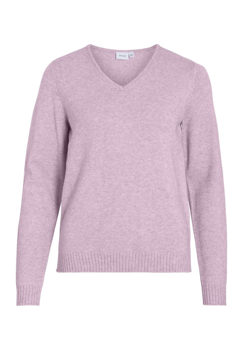 Maglione lilla con scollo a V, maniche lunghe, polsini e orlo a coste, realizzato in un morbido materiale testurizzato. Senza fantasie o dettagli aggiuntivi.