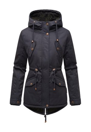 Black hooded parka jacket with toggle drawstrings, snap buttons, shoulder pockets, and a soft lining, featuring a longer back hem.