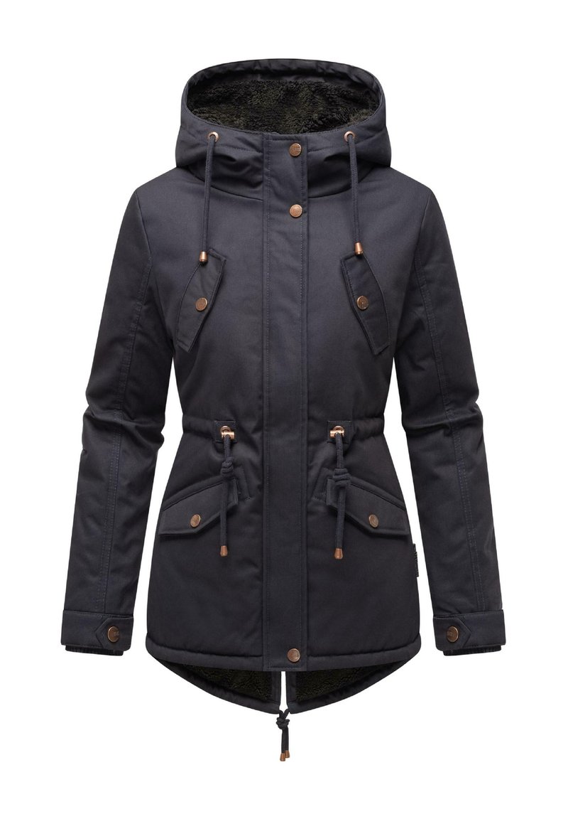 Czarna parka z kapturem, z troczkami, zatrzaskami, kieszeniami na ramionach i miękką podszewką, z dłuższym tylnym hemem.