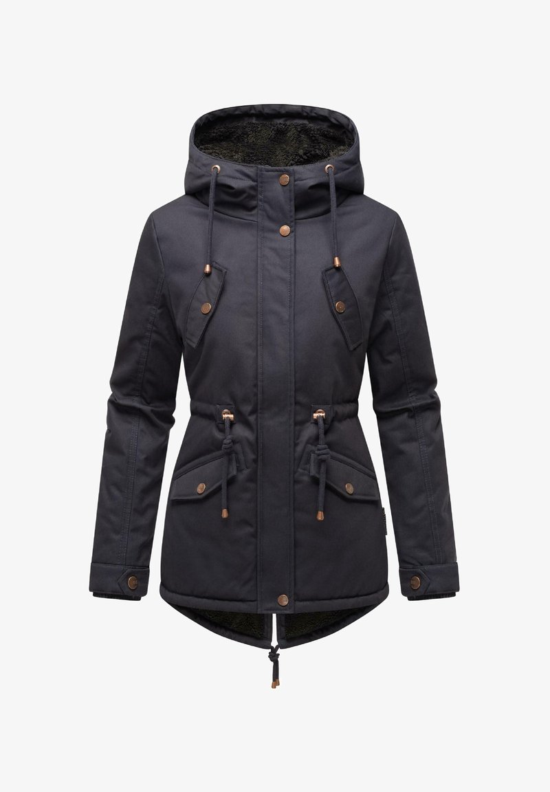 Czarna parka z kapturem, z troczkami, zatrzaskami, kieszeniami na ramionach i miękką podszewką, z dłuższym tylnym hemem.