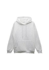 Hellgrauer Hoodie mit Vorderseite-Kängurutasche, langen Ärmeln, Kapuze mit Kordelzug und gerippten Bündchen sowie Saum, flach auf weißem Hintergrund ausgelegt.
