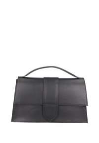 Borsa a mano in pelle nera con un design strutturato, dotata di manico superiore e chiusura a patta con una cucitura verticale centrale. Texture liscia.