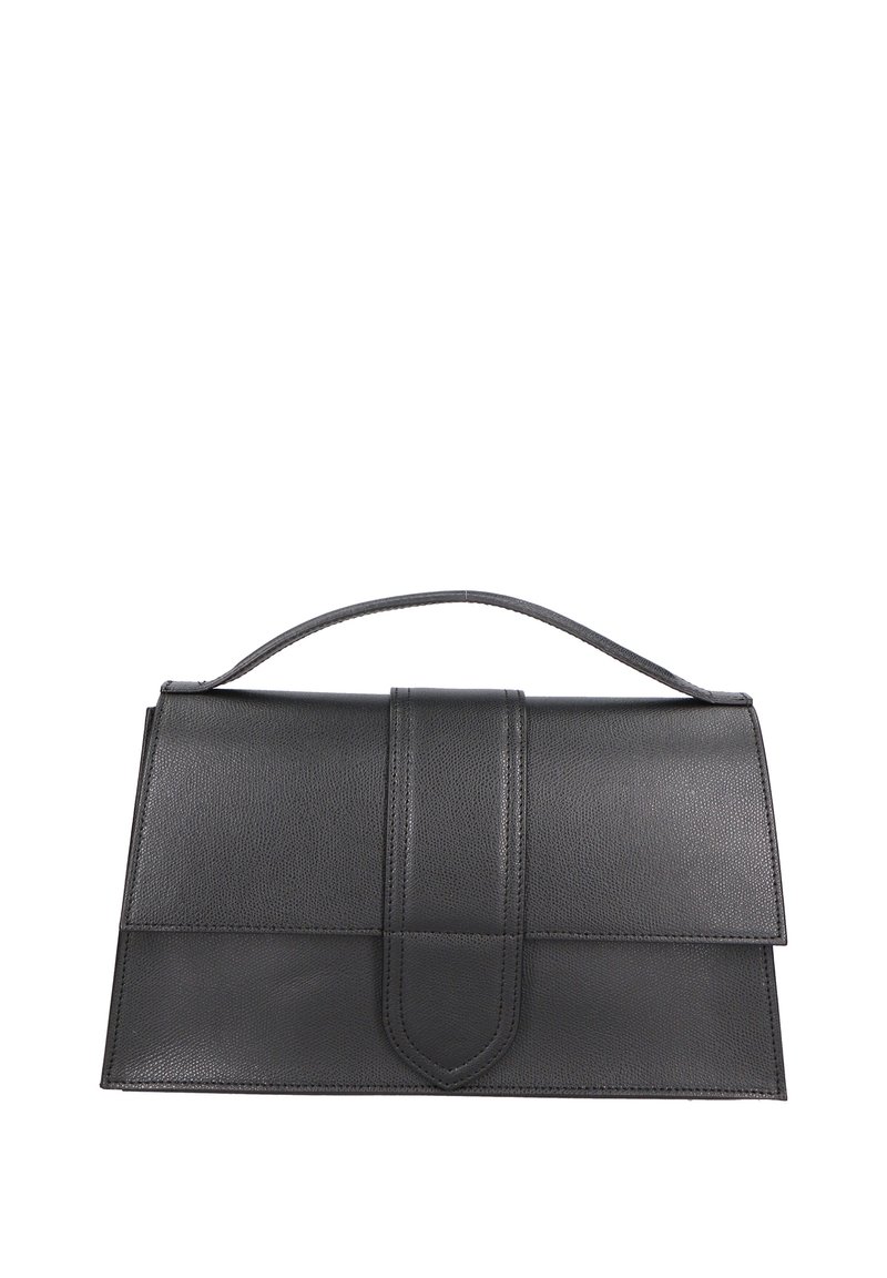 Borsa a mano in pelle nera con un design strutturato, dotata di manico superiore e chiusura a patta con una cucitura verticale centrale. Texture liscia.