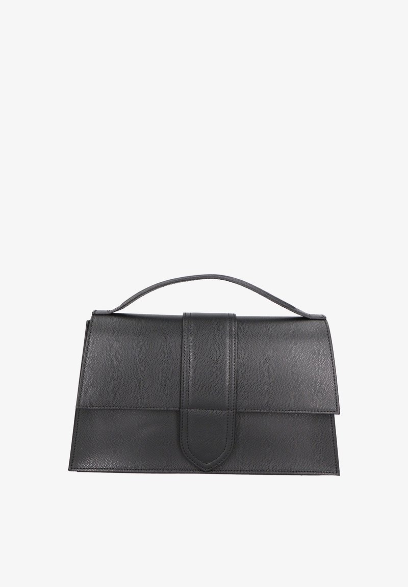 Borsa a mano in pelle nera con un design strutturato, dotata di manico superiore e chiusura a patta con una cucitura verticale centrale. Texture liscia.