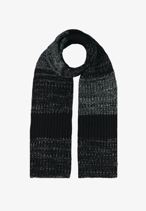 Gebreide sjaal met afwisselend zwarte en grijze strepen, textuurstof, zacht materiaal en een label aan één uiteinde.