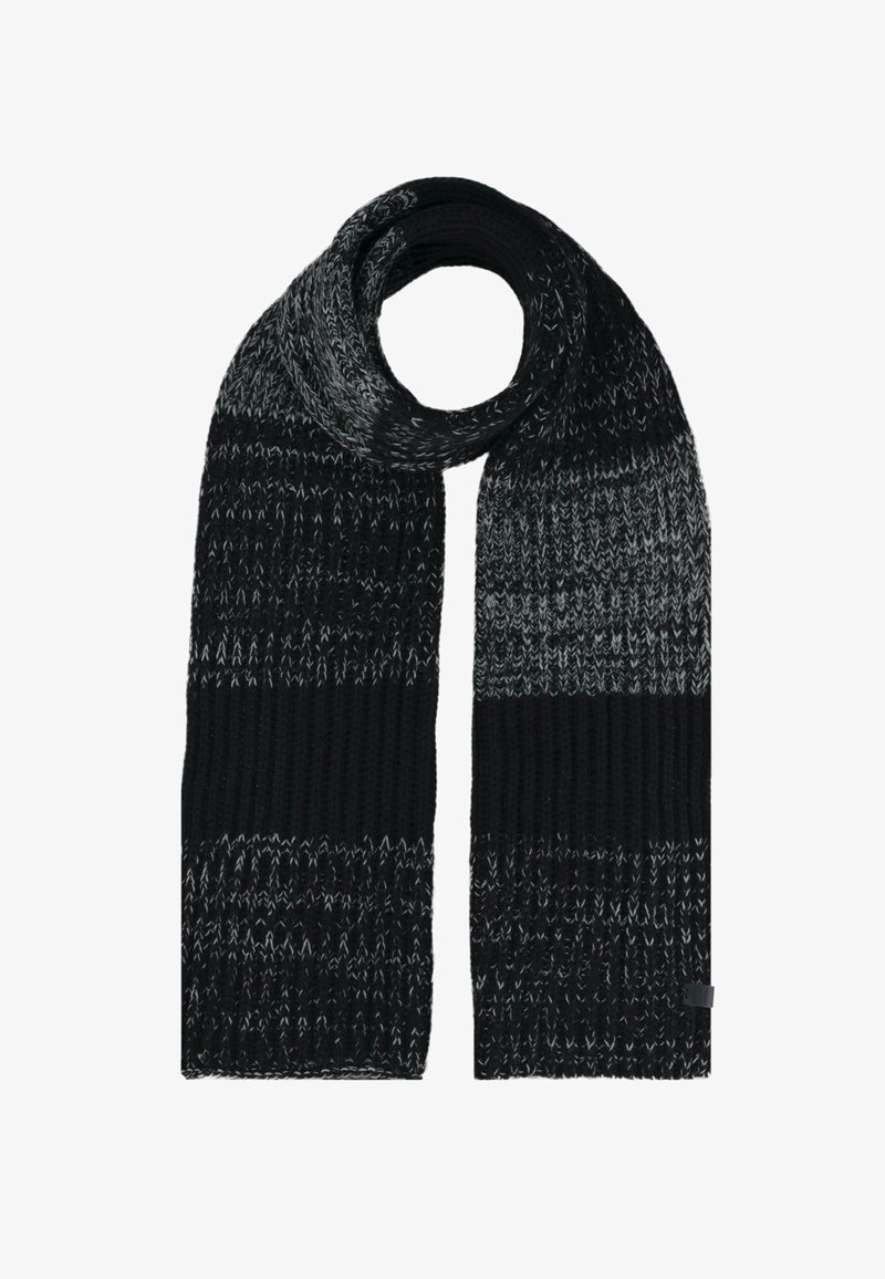 Gebreide sjaal met afwisselend zwarte en grijze strepen, textuurstof, zacht materiaal en een label aan één uiteinde.