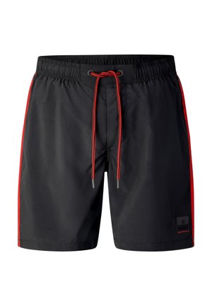 Zwarte zwembroek met rode zijstrepen en een rode trekkoord in de elastische tailleband, met een klein zwart label op het linkerbeen.