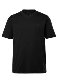 Sort kortærmet t-shirt med V-hals og diskret JP-logo på brystet. Lavet af blødt bomuldsstof, har den en klassisk pasform og glat tekstur.