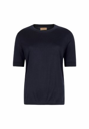 Marineblaues Kurzarm-T-Shirt aus weichem Material, mit Rundhalsausschnitt und einem lockeren Schnitt. Minimalistisches Design ohne Muster oder Akzente.