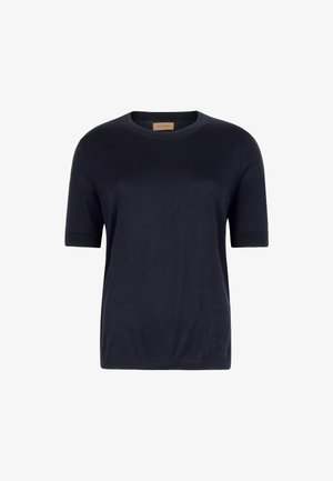 Marineblå kortærmet T-shirt lavet af blødt stof, med rund halsudskæring og en afslappet pasform. Minimalistisk design uden mønstre eller accenter.