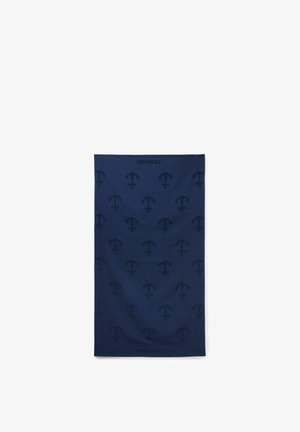 Rectangle de tissu bleu marine avec des motifs d'ancre sombres répétés et le mot « TEZENIS » tissé en haut et en bas.