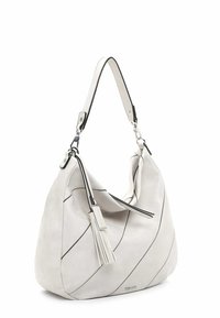 Vit läder axelväska med diagonal sömnad, dragkedjestängning, en lång frans och en kontrasterande svart kant på remmen och kanterna.